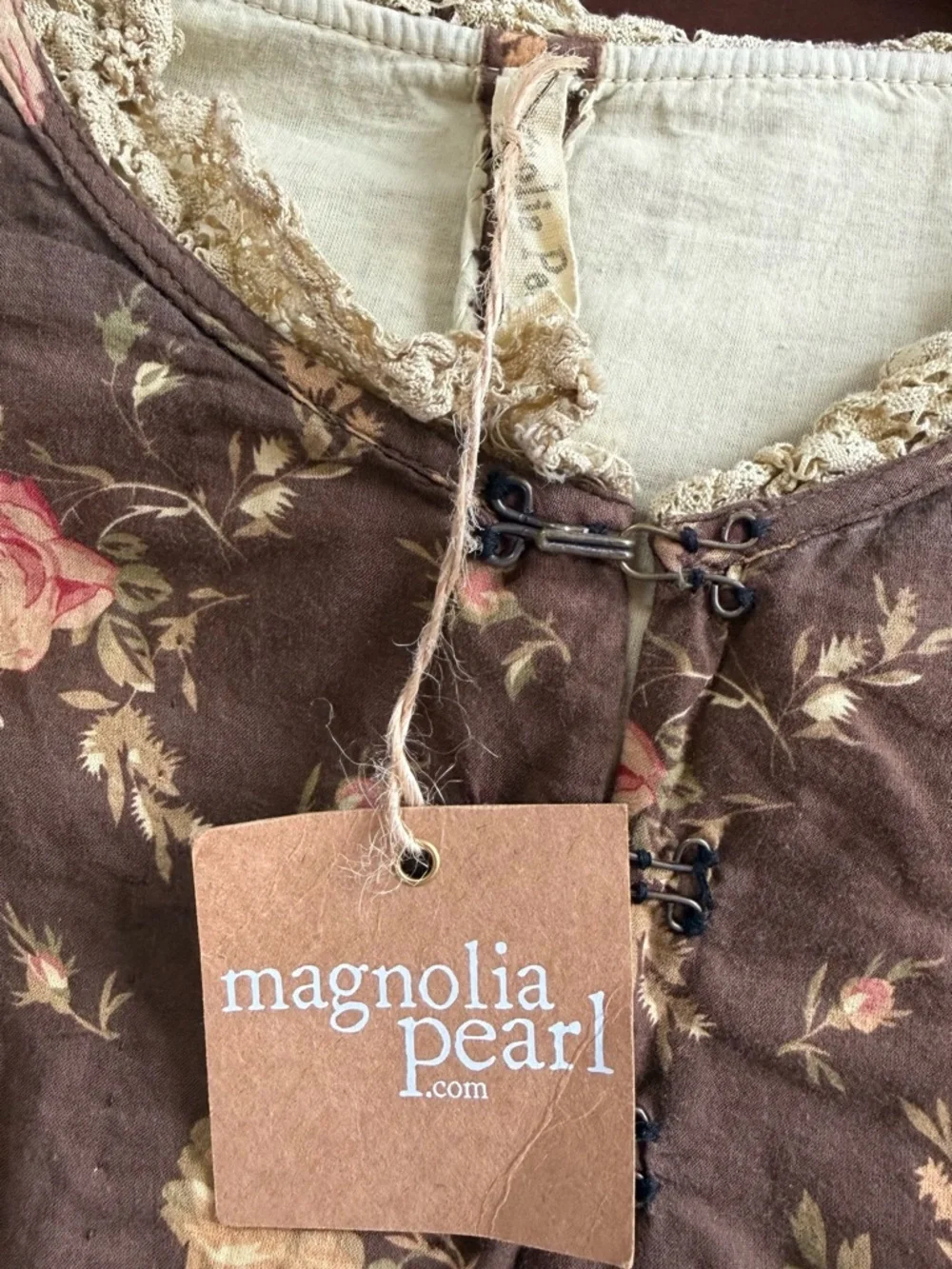 Magnolia Pearl Brown Floral Lace-Trimmed Jacket with Pink & Yellow Roses - Picture 5 of 5